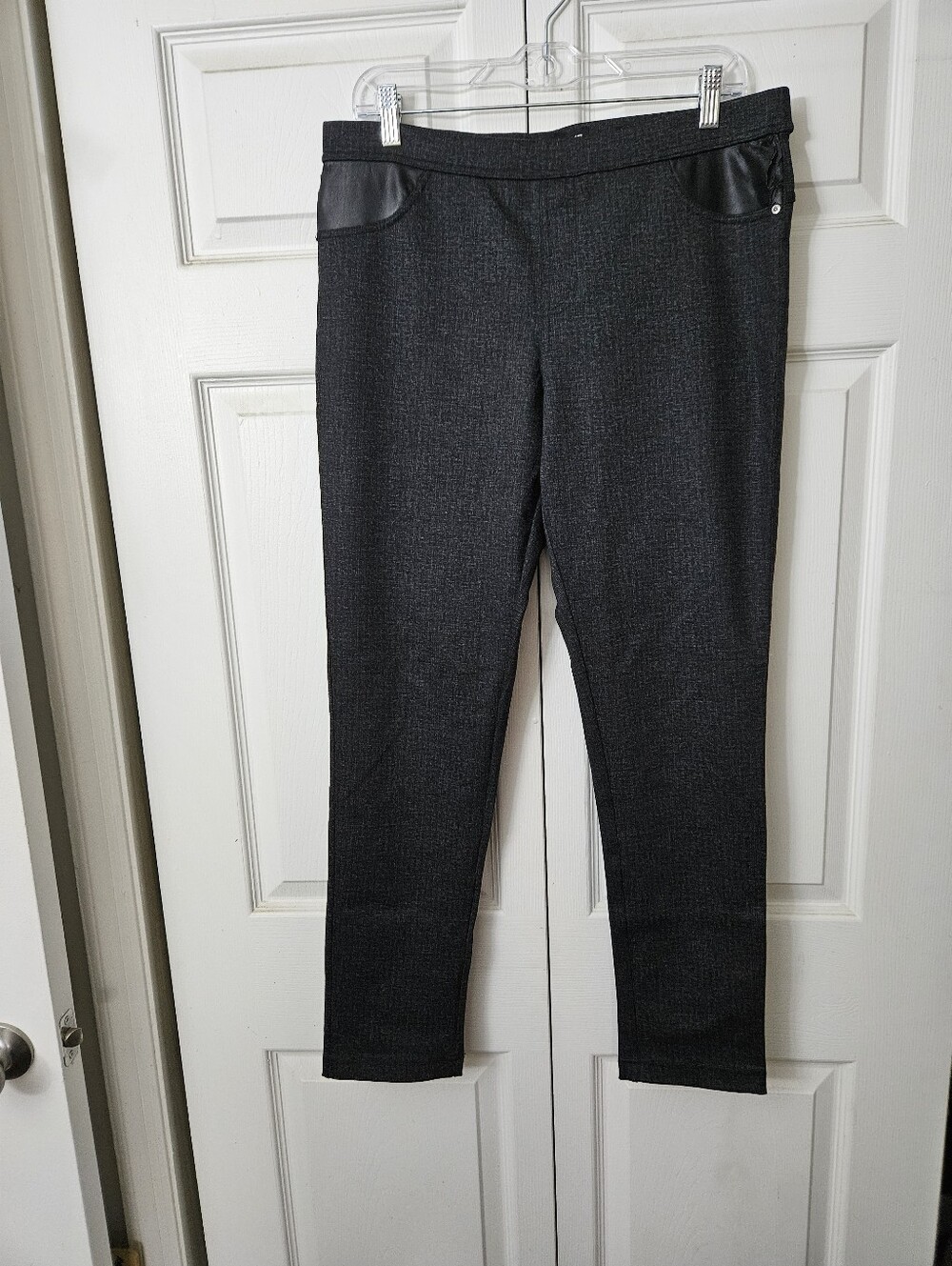 Women's Charcoal Knit Dress Pants with Faux Leather Trim